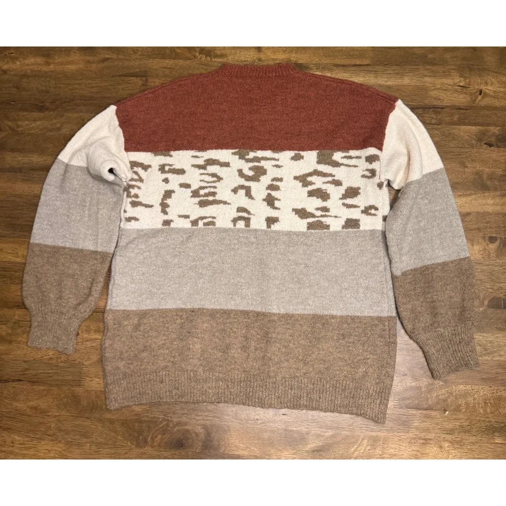 Easel Color Block‎ Sweater Leopard Print Knit Pullover Brown Beige Small - Picture 2 of 6
